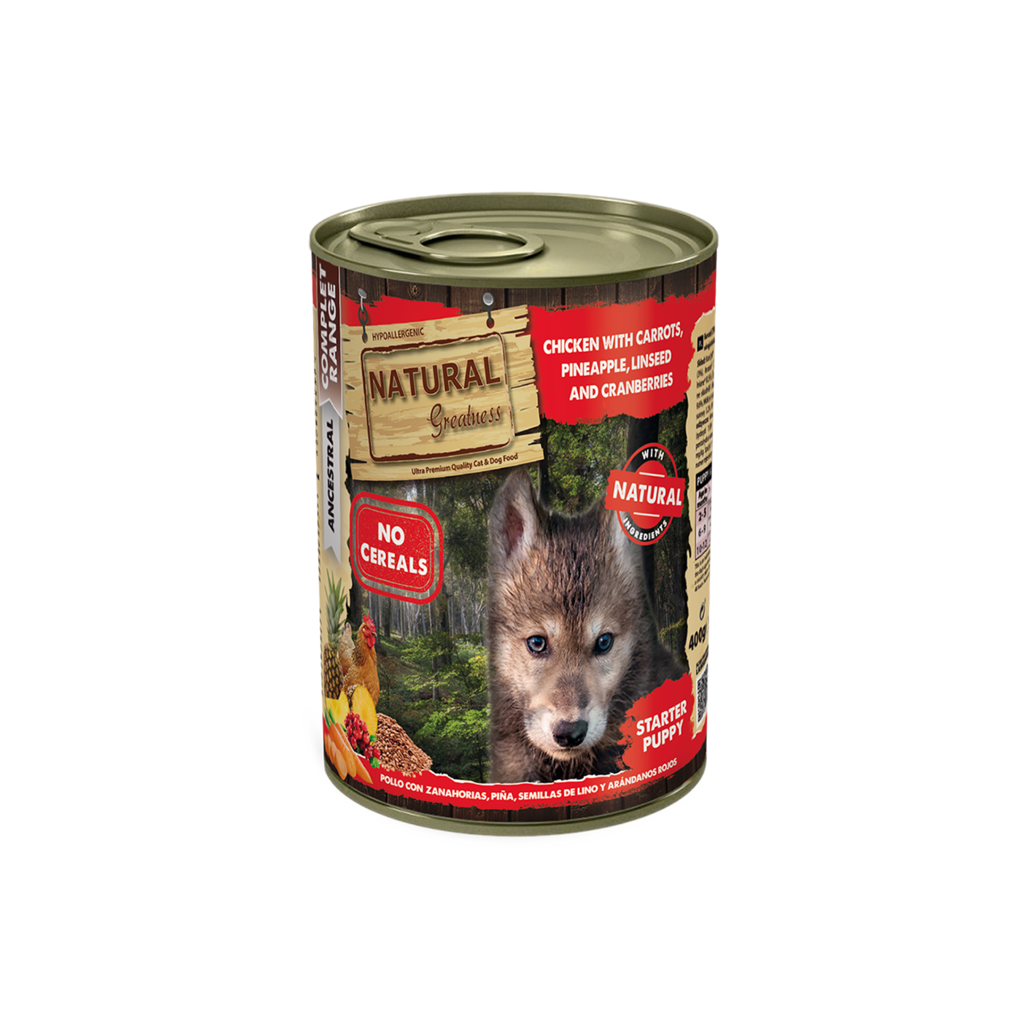 Natural Greatness – Pollo con Zanahorias, Piña, Semillas de Lino y Arándanos Rojos | Comida húmeda completa para cachorros