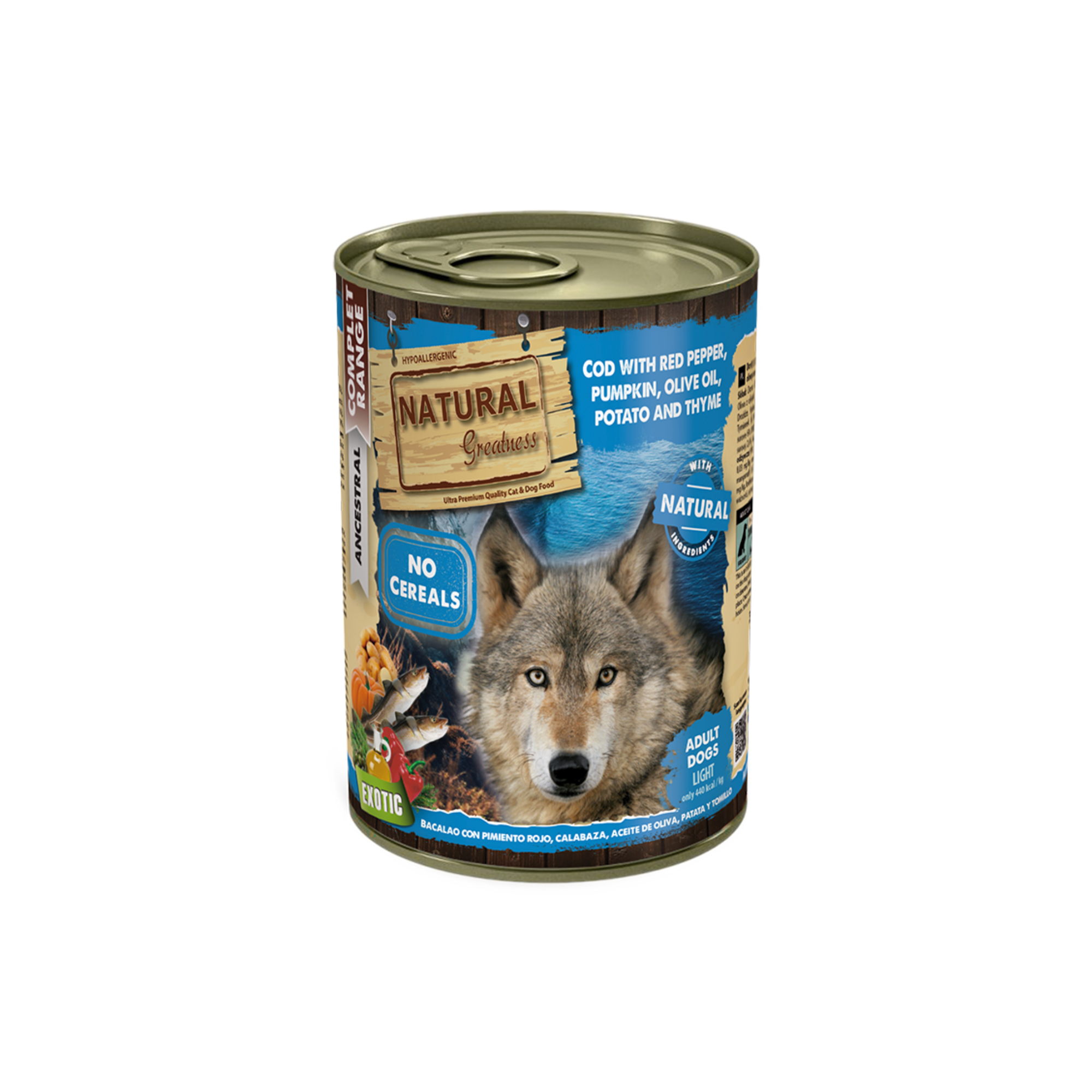 Natural Greatness – Bacalao con Pimiento Rojo, Calabaza, Aceite de Oliva, Patata y Tomillo | Comida húmeda natural completa para perros (Ultra Light)