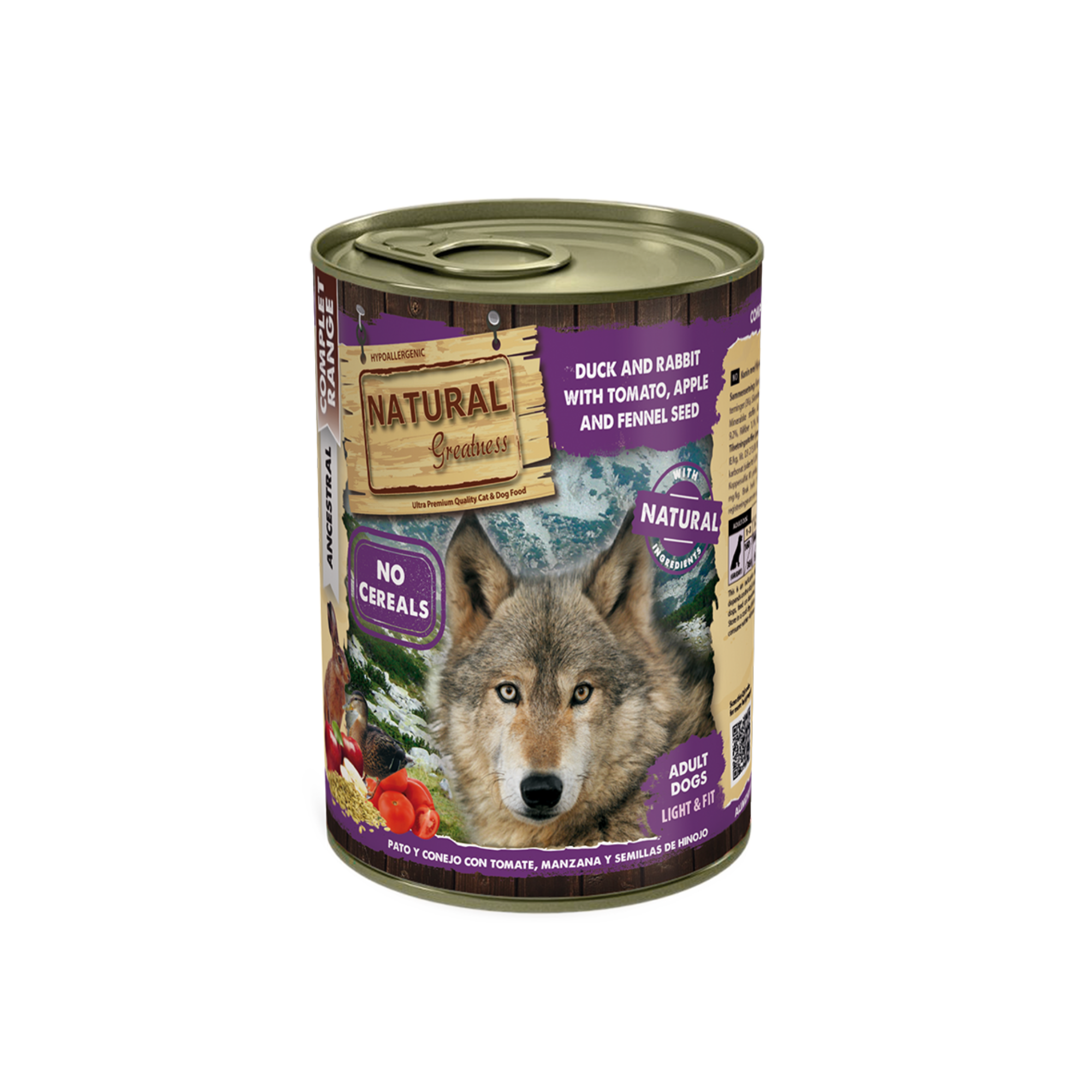 Natural Greatness – Pato y Conejo con Tomate, Manzana y Semillas de Hinojo | Comida húmeda natural completa para perros