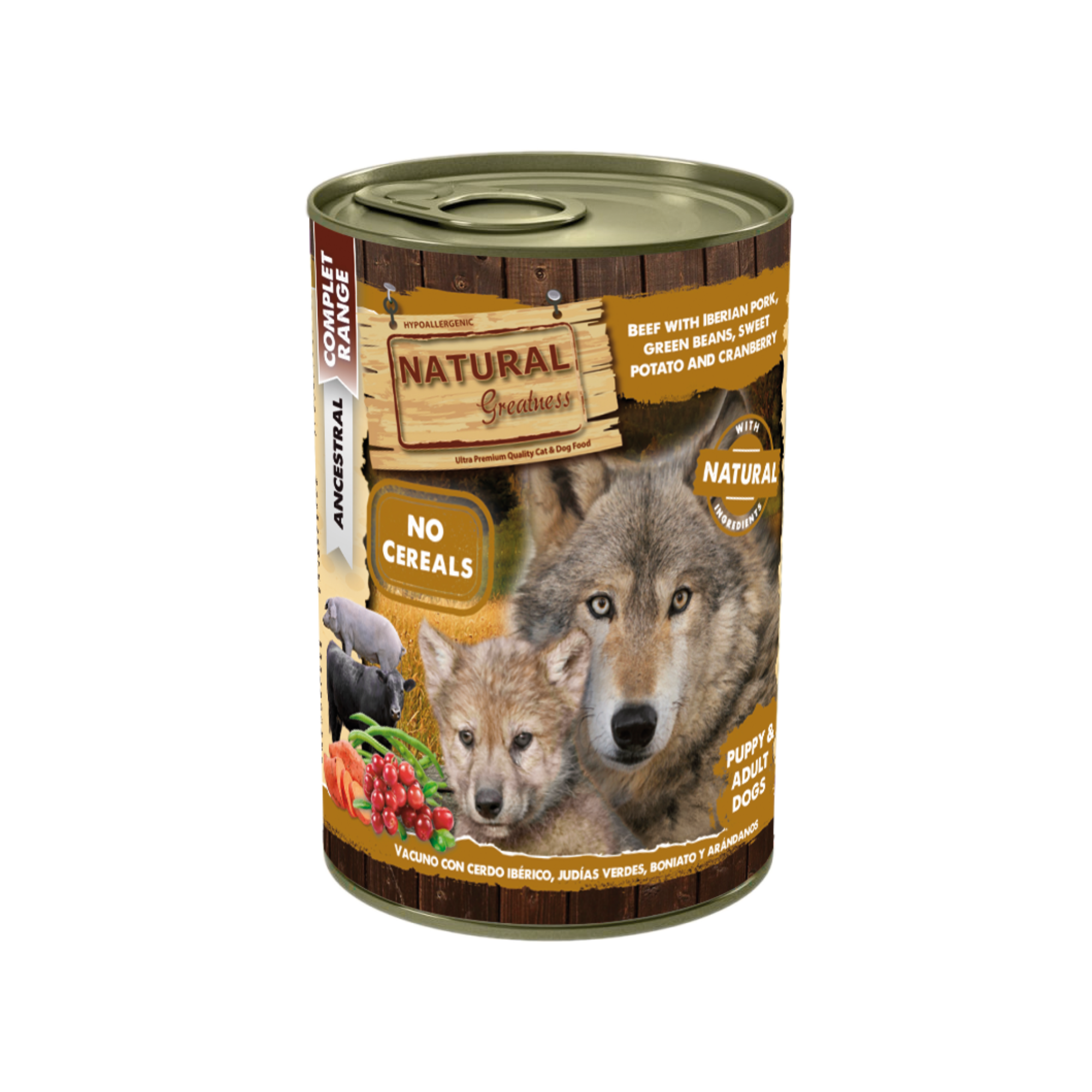 Natural Greatness – Vacuno con Cerdo Ibérico, Judías Verdes, Boniato y Arándanos | Comida húmeda natural completa para perros